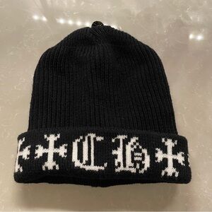 Black Knit Beanie with White Gothic Cross Pattern